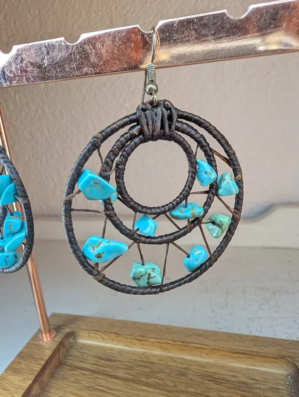 Turquoise Southwestern Boho Handmade Circular Dangle Earrings Wire Wrapped